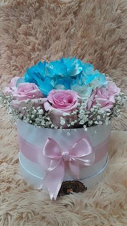Cilindro con rosas y hortensia 